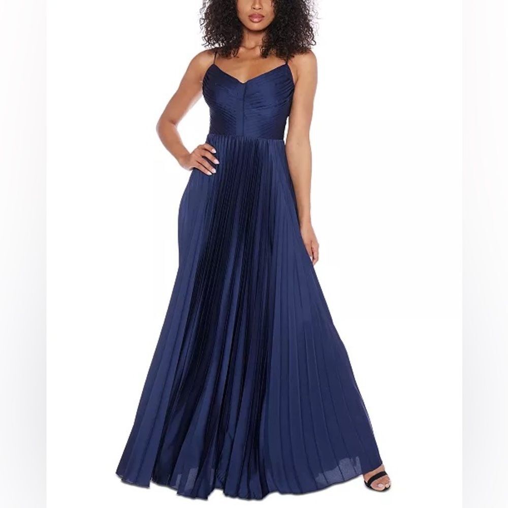 B Darlin Navy Pleated Spaghetti Strap Maxi Dress